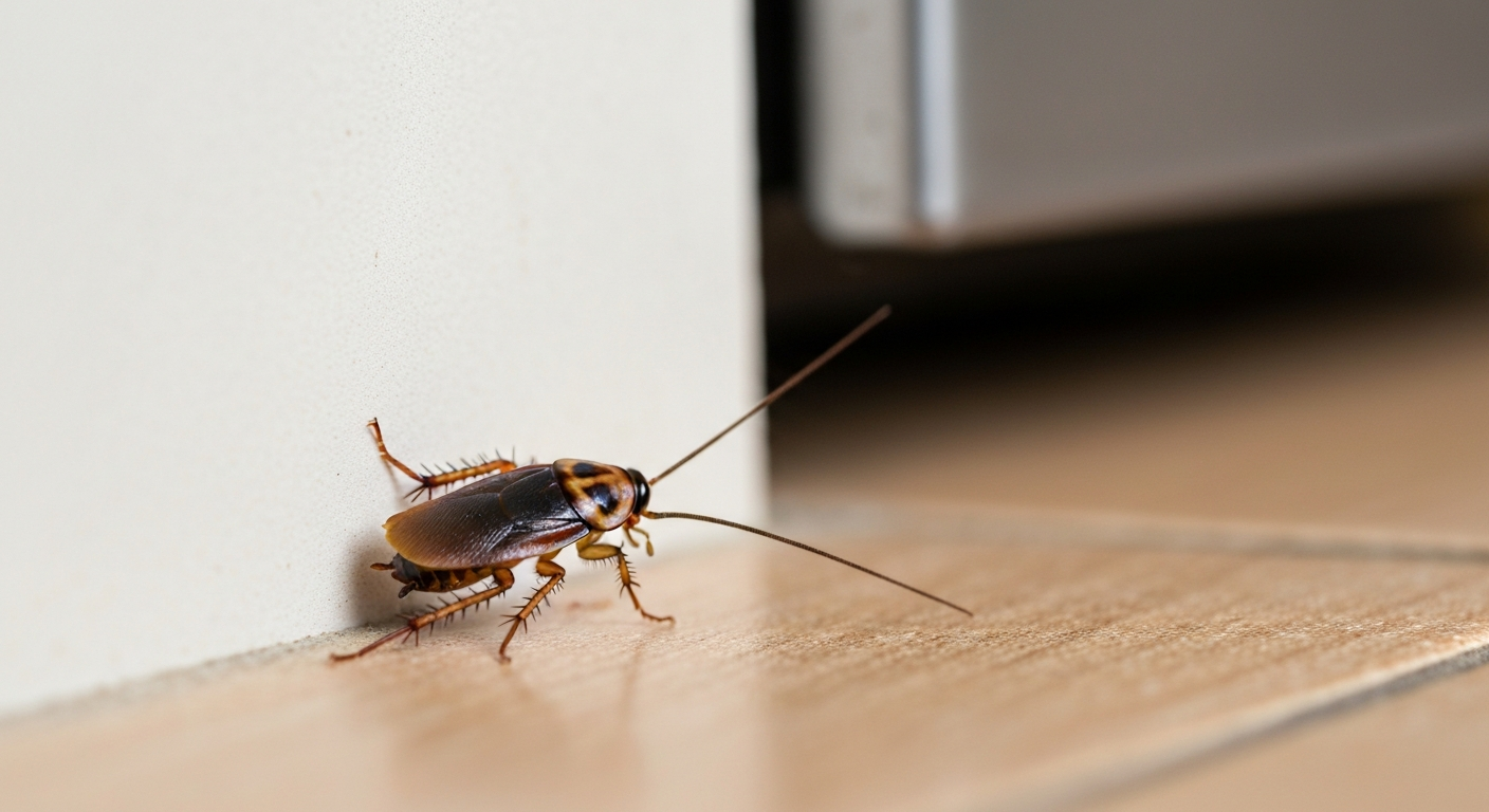 Close-up of a German cockroach near a kitchen baseboard