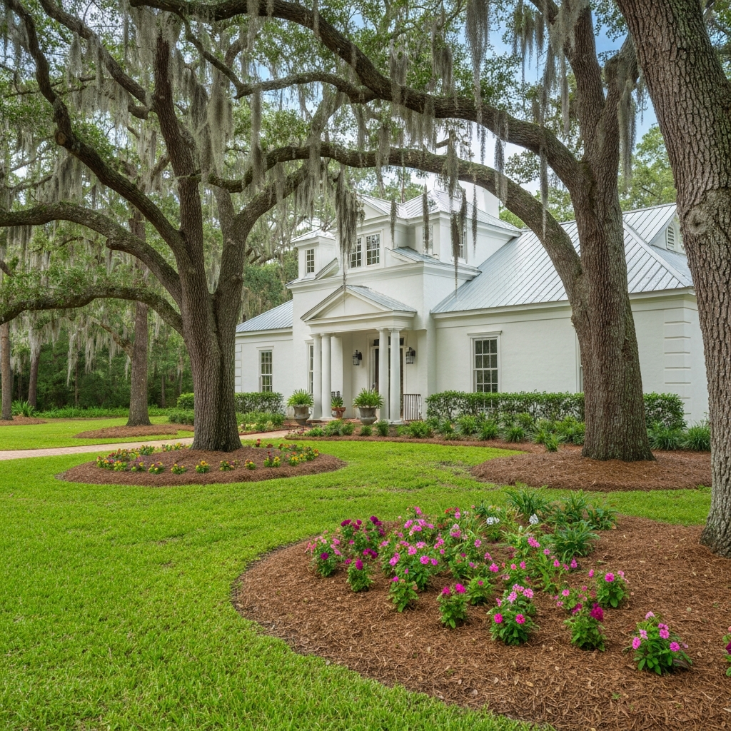 Coastal Georgia home exterior with oak trees and mulched beds