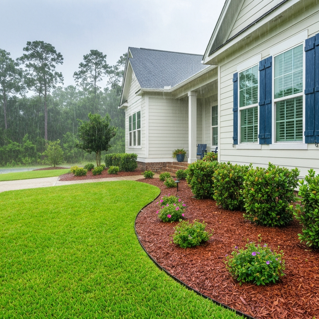 Coastal Georgia home exterior during summer rainstorm