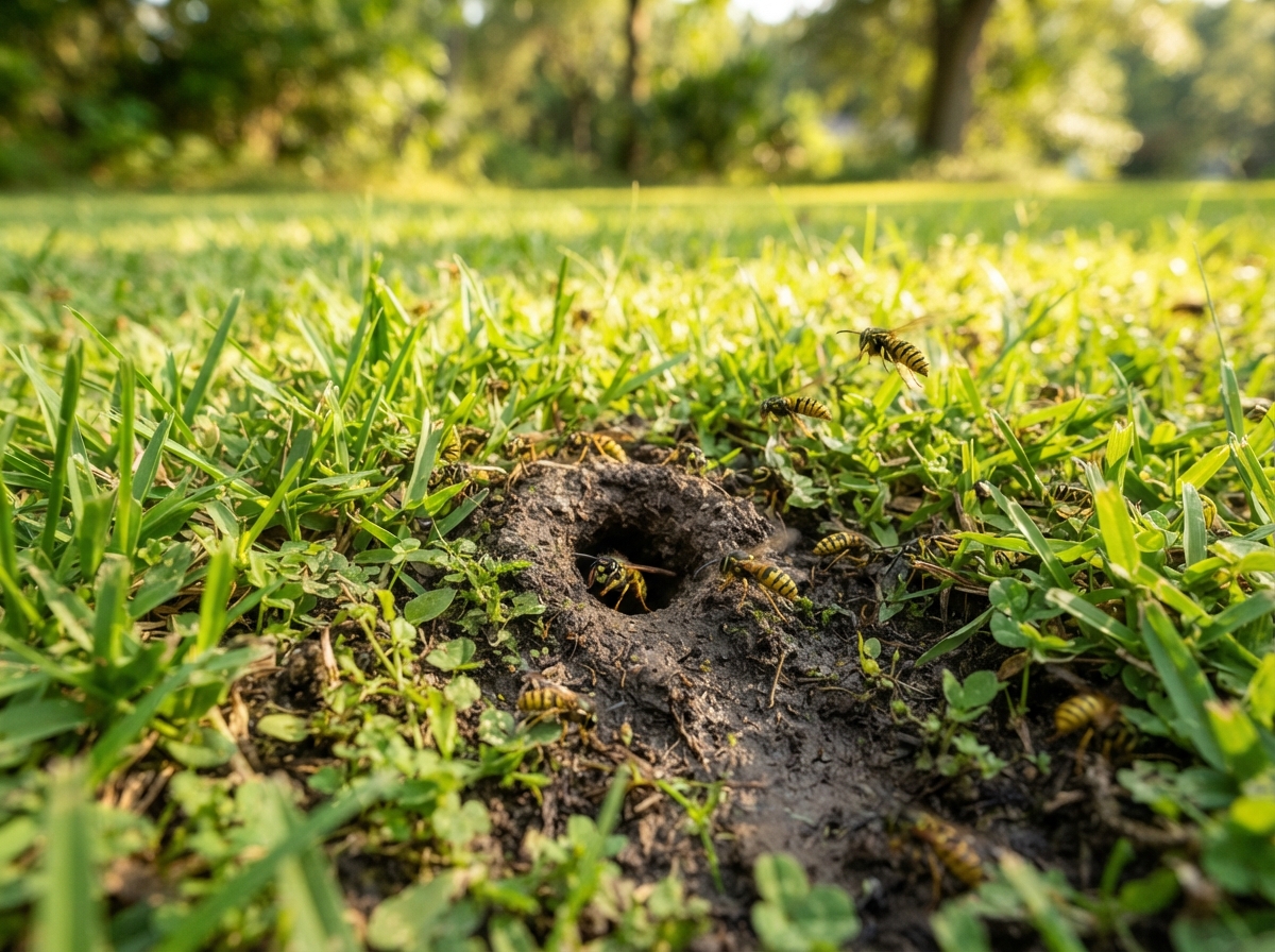 Yellow jacket ground nest entrance in a Coastal Georgia lawn