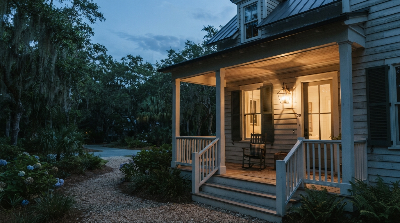 Coastal Georgia home porch and eaves at dusk with outdoor lighting