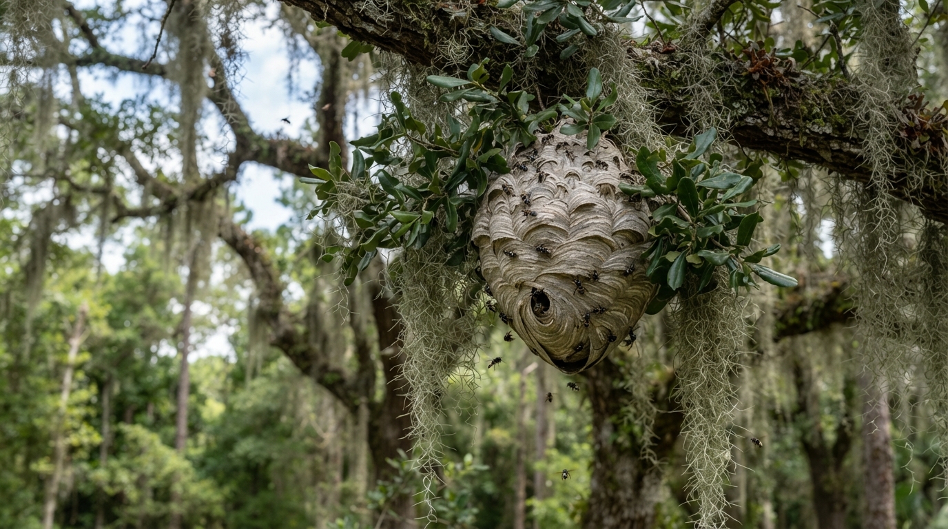 Bald-faced hornet nest hanging in live oak tree