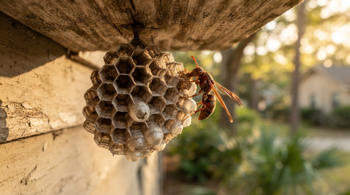 Paper wasp actively building its nest under a wooden house eave in late summer