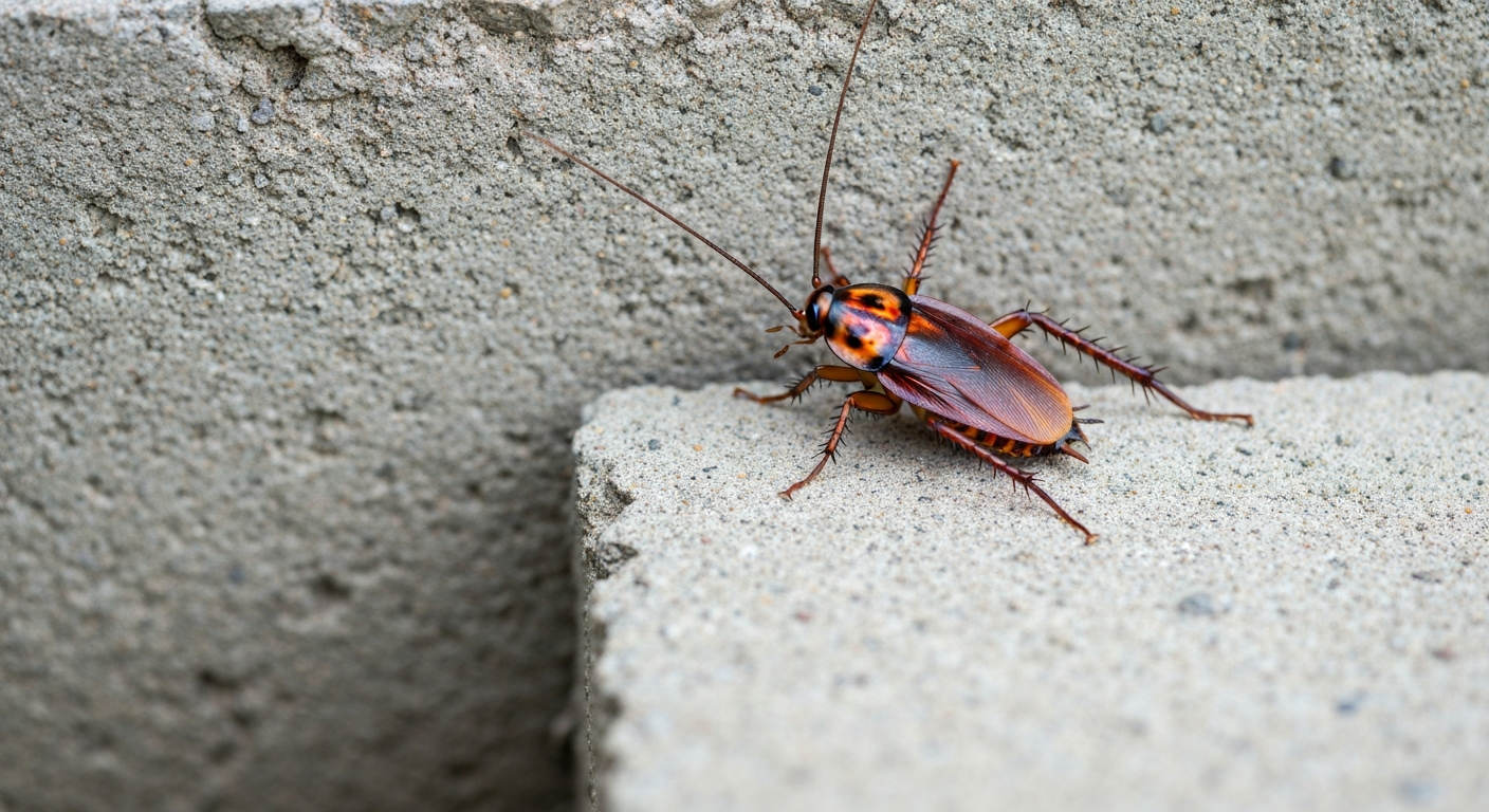 Close-up of an American cockroach on an exterior foundation