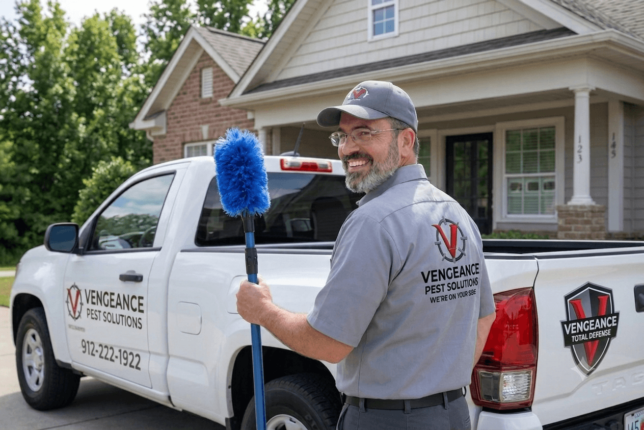 Vengeance Pest Solutions Technician performing pest inspection in Brunswick GA