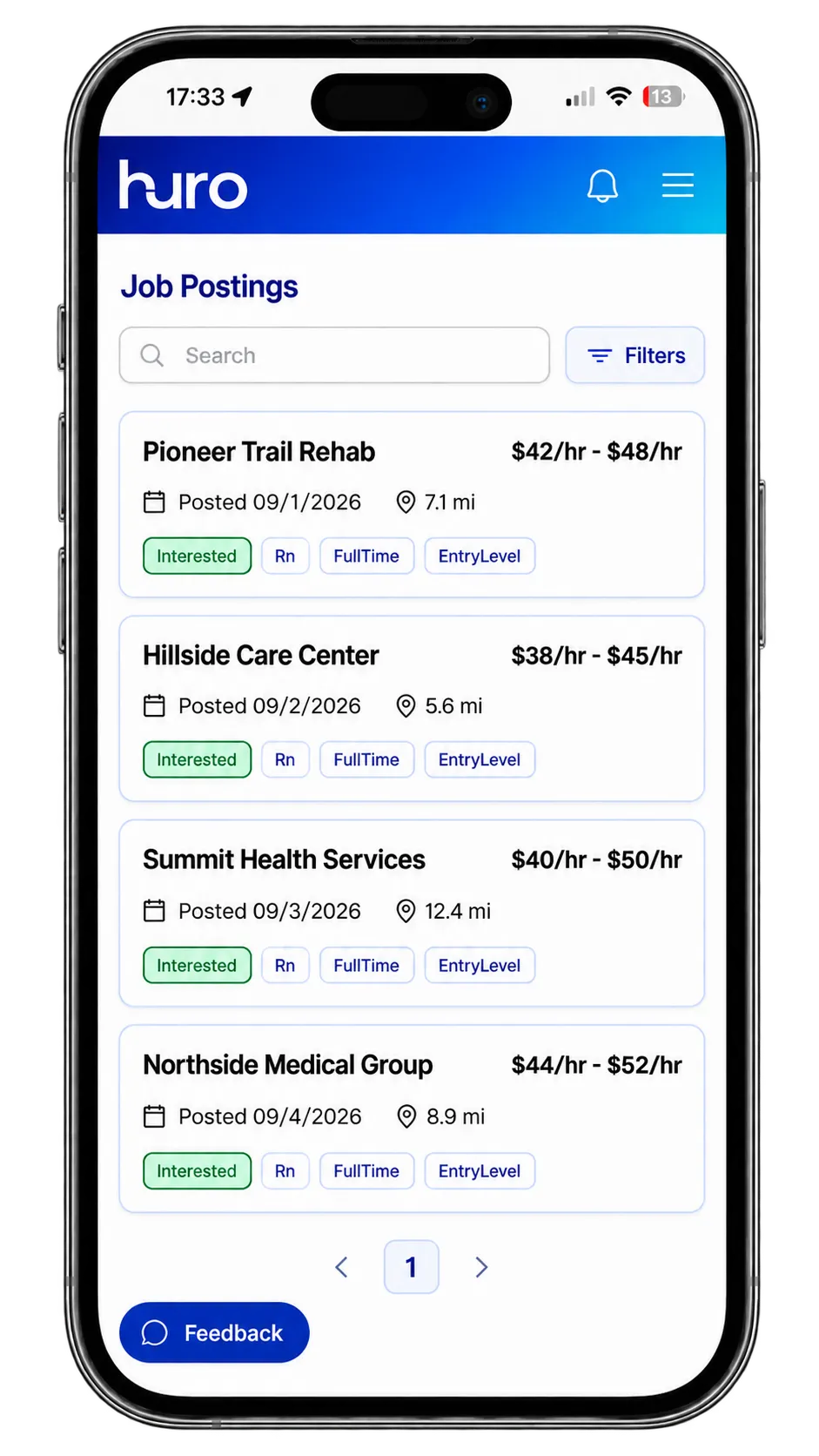 HURO Job Postings app for medical professionals HURO mobile app showing job postings for medical professionals with pay rates and facility details