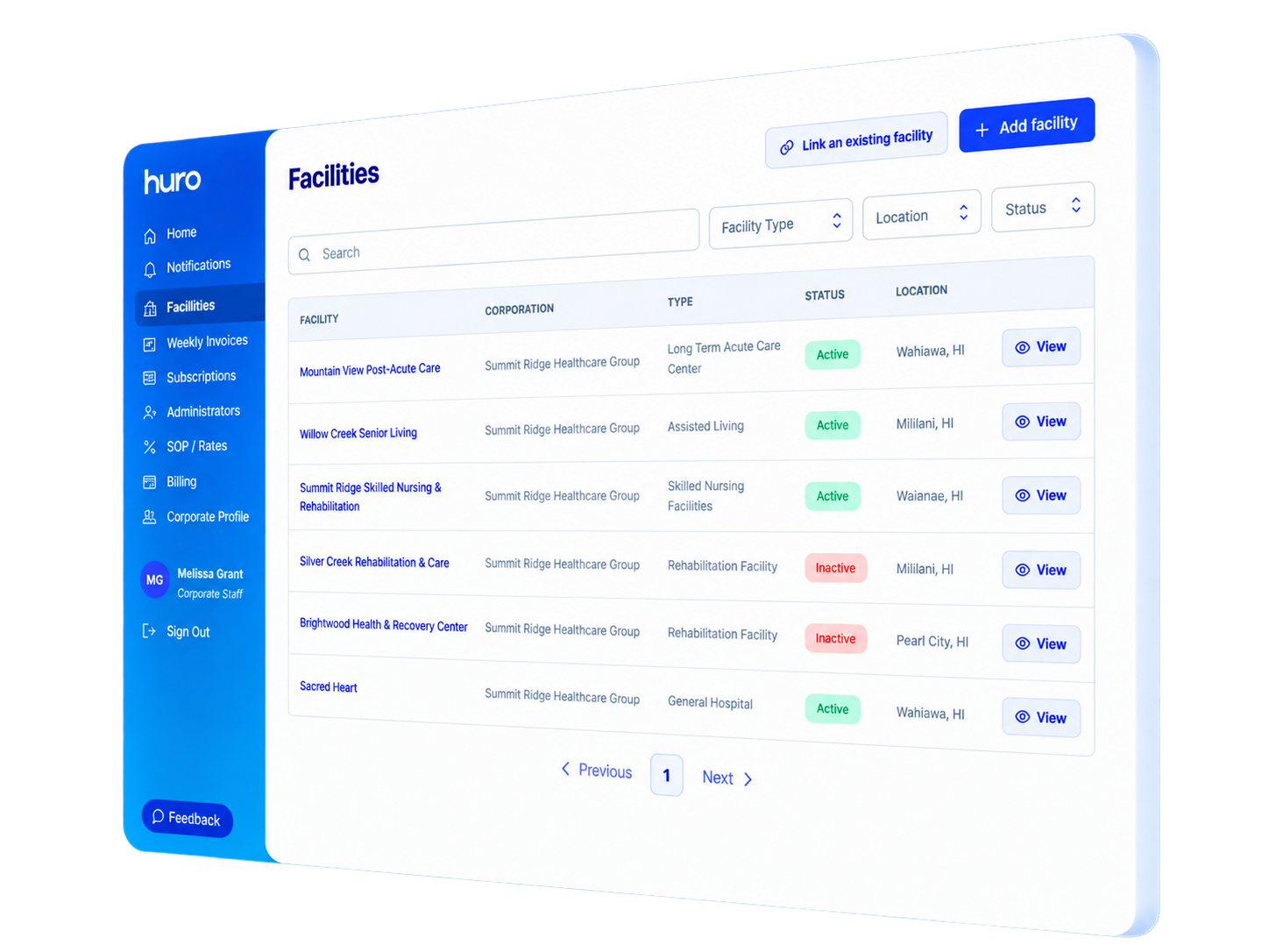 HURO Corporate Multi-Facility Management Dashboard