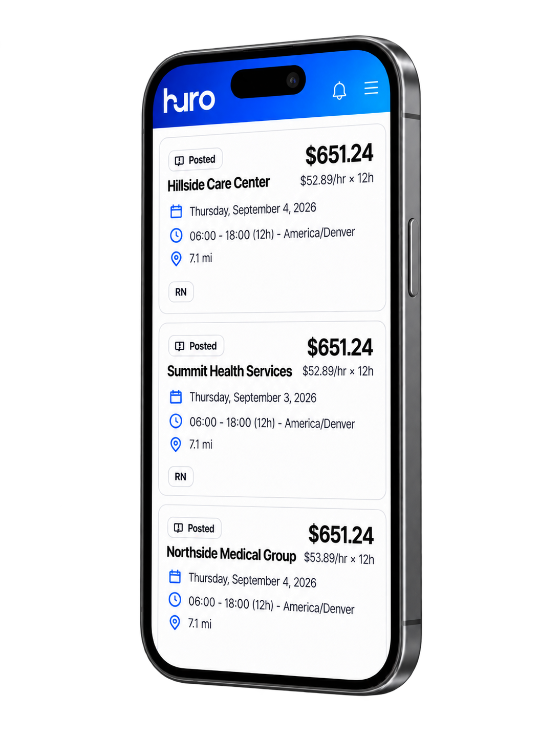 HURO mobile app showing available Flex Shifts for medical professionals with pay rates and facility details