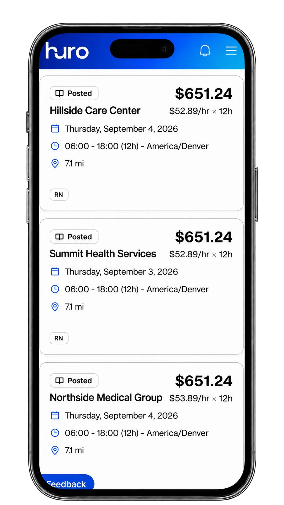 HURO Flex Shifts app for medical professionals HURO mobile app showing available Flex Shifts for medical professionals with pay rates and facility details