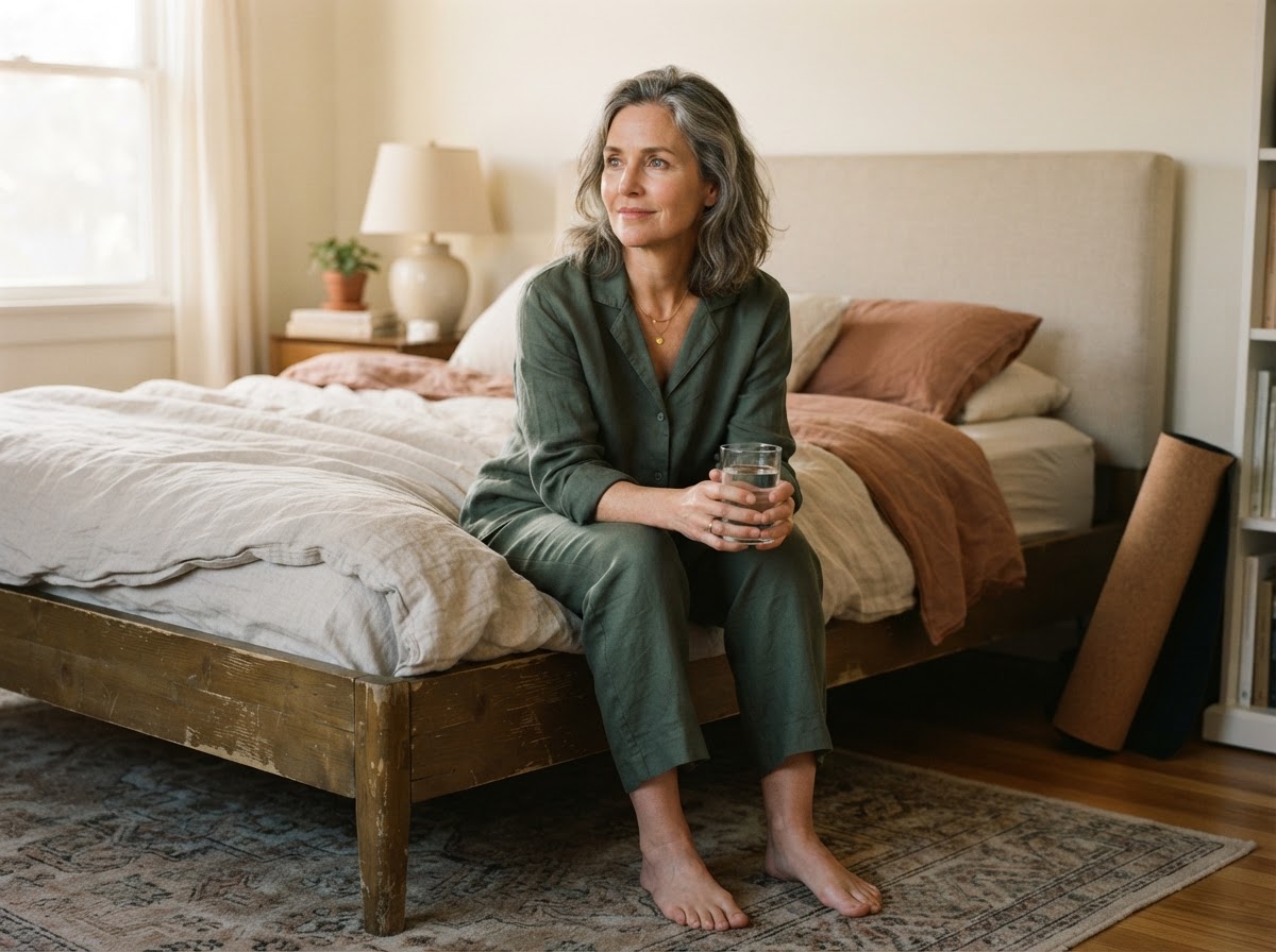 Vrouw rond 50 jaar in de ochtend na een onrustige nacht, reflectief maar hoopvol