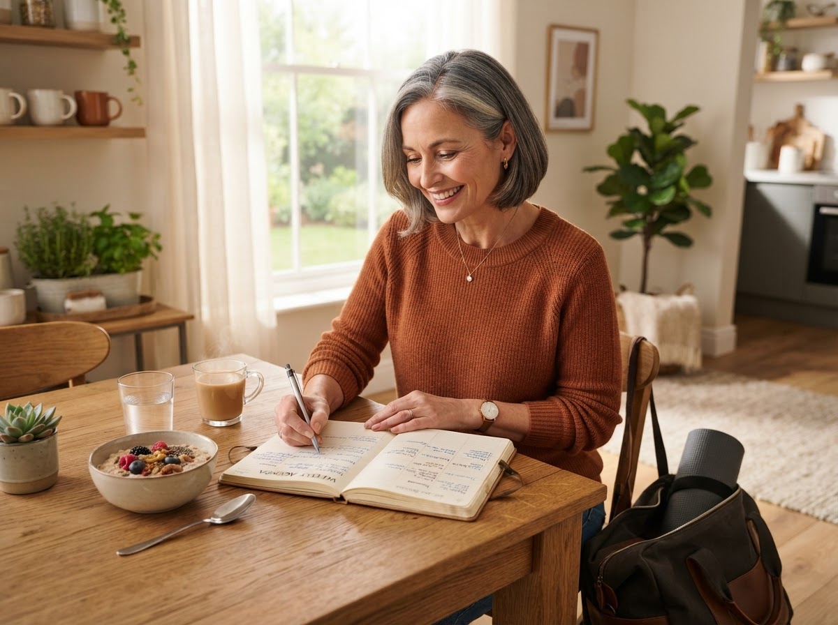 Vrouw rond 50 jaar die haar week en gezonde routines plant aan de keukentafel