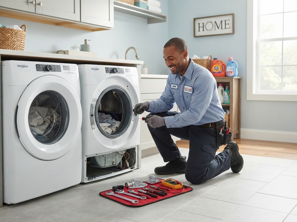Appliance repair technician working in a Rockville, MD home