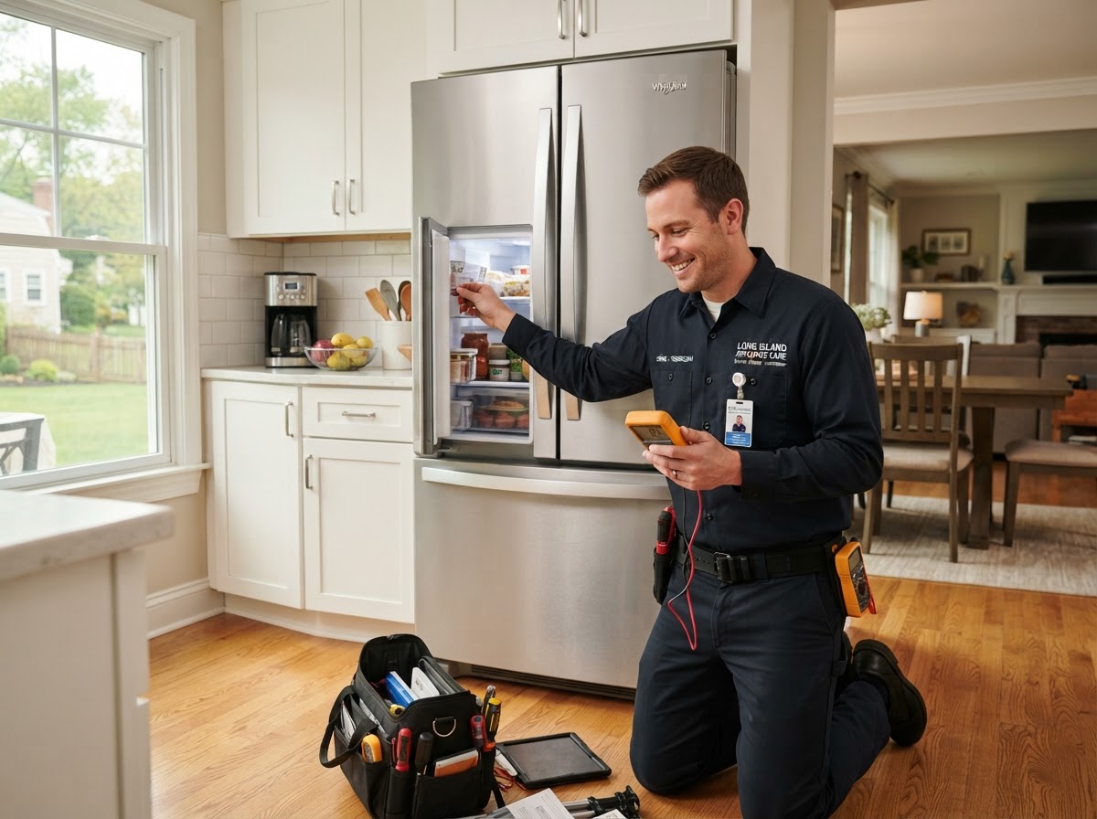 Appliance repair technician inspecting a refrigerator in a Port Jefferson Station, NY home