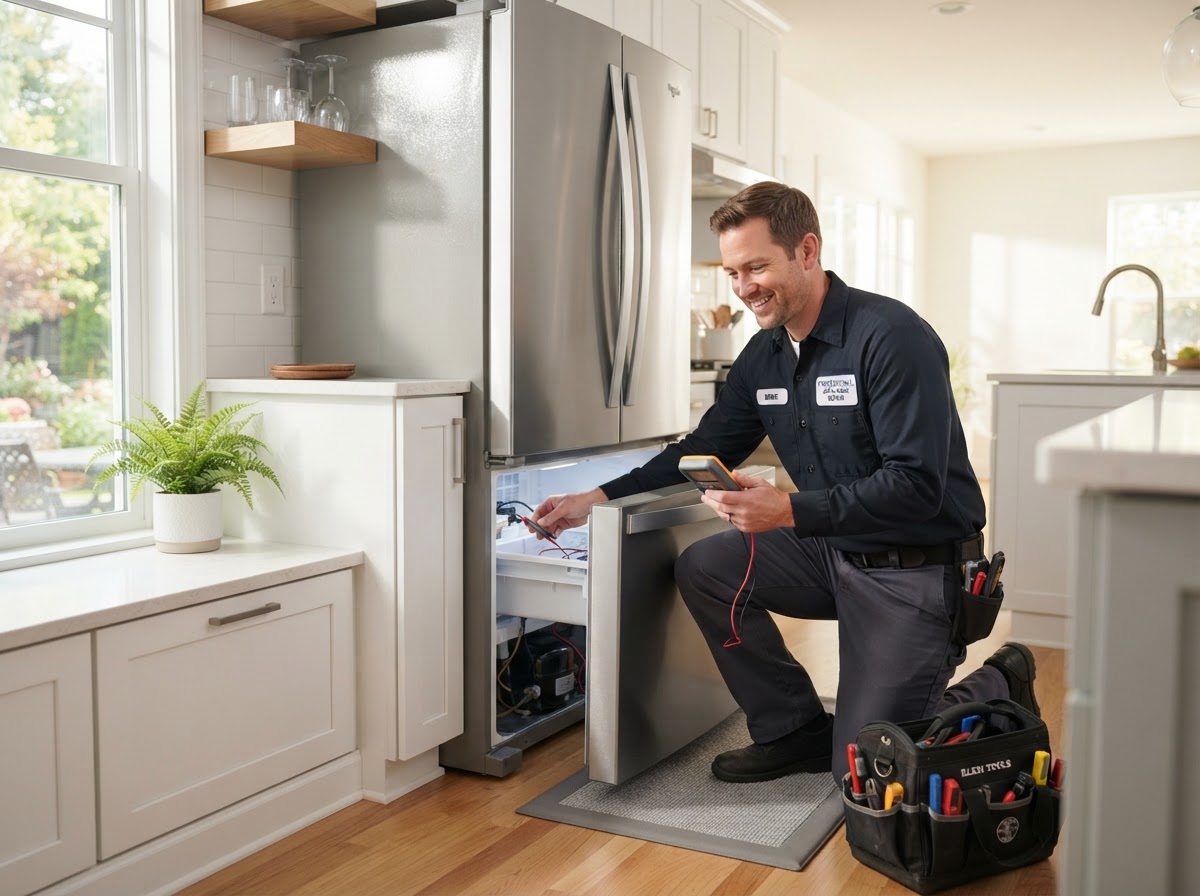 Appliance repair technician inspecting a refrigerator in a Woodside, Queens home