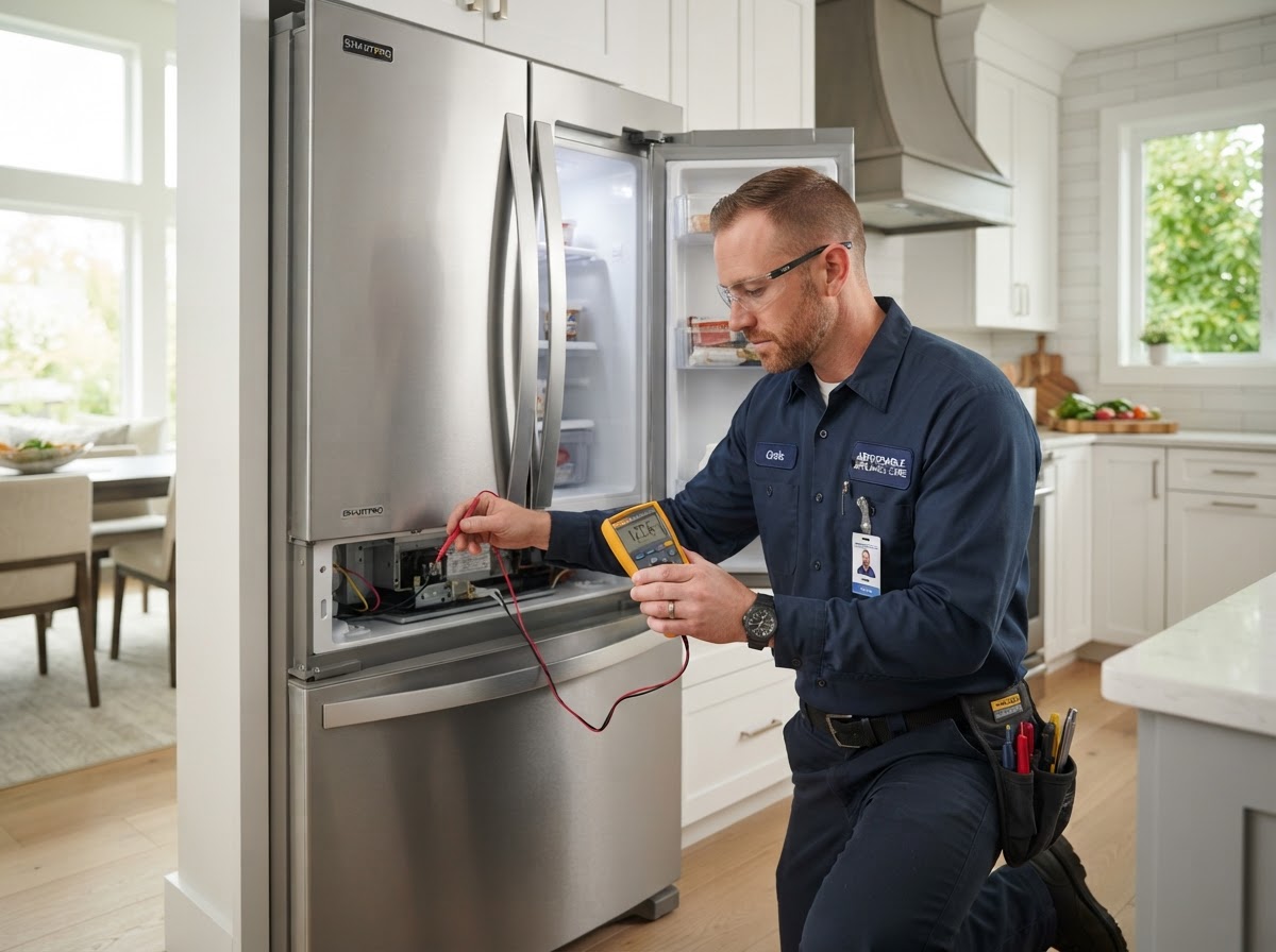 Appliance repair technician inspecting a refrigerator in a modern kitchen