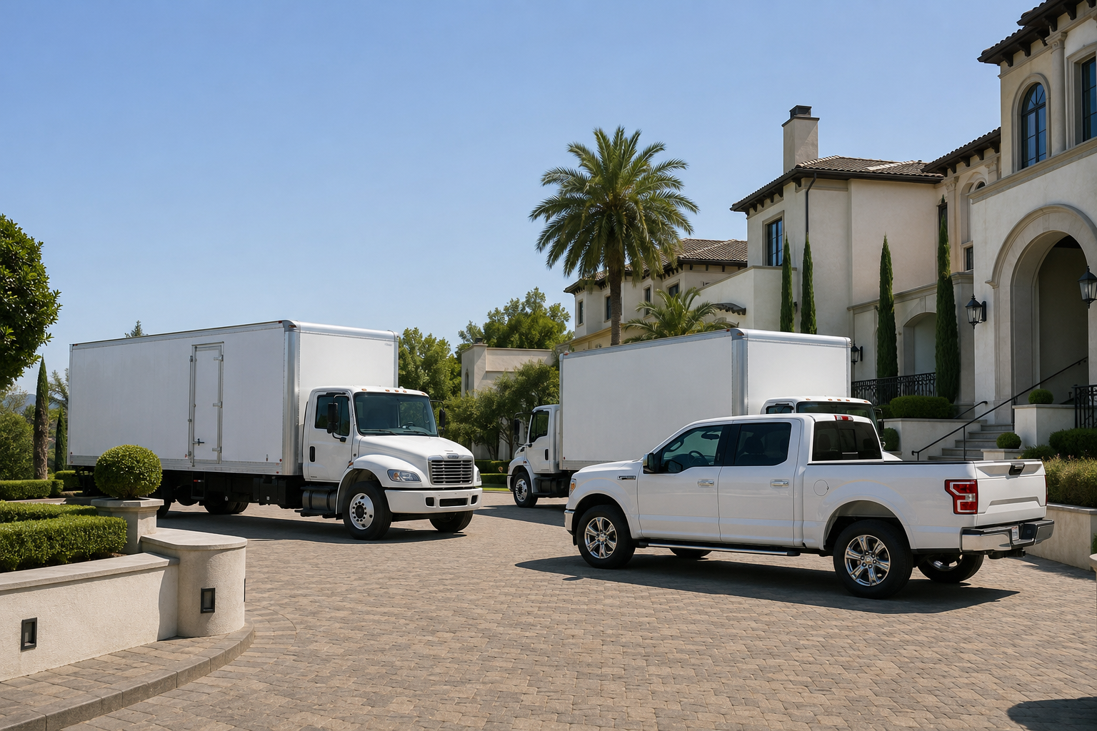 White moving trucks and a pickup truck parked in front of a premium building