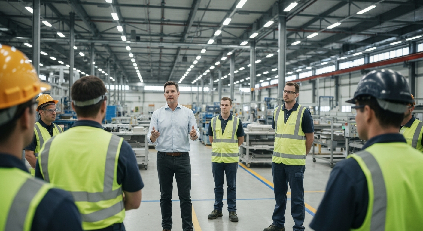 Manufacturing plant manager reviewing training materials on a tablet