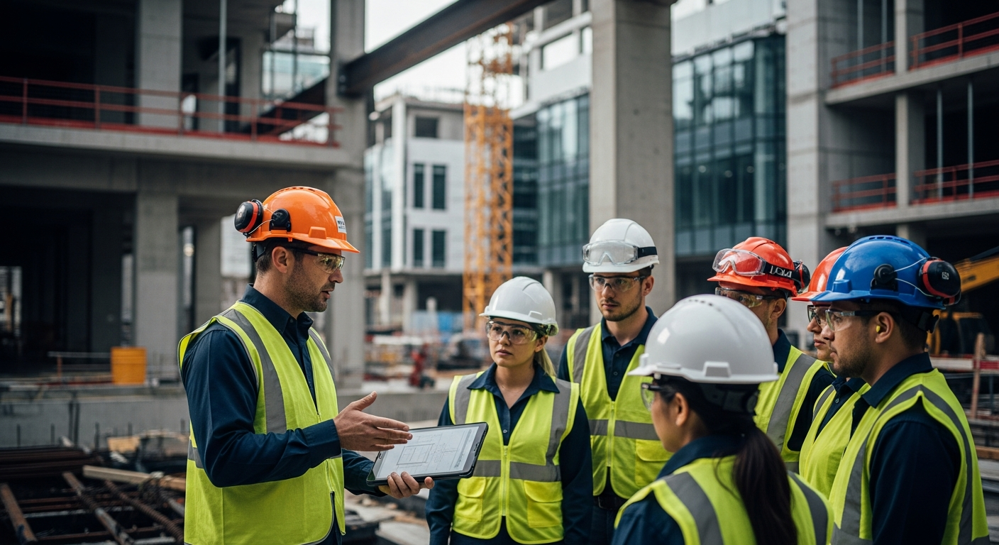 Corporate construction leadership reviewing safety dashboard