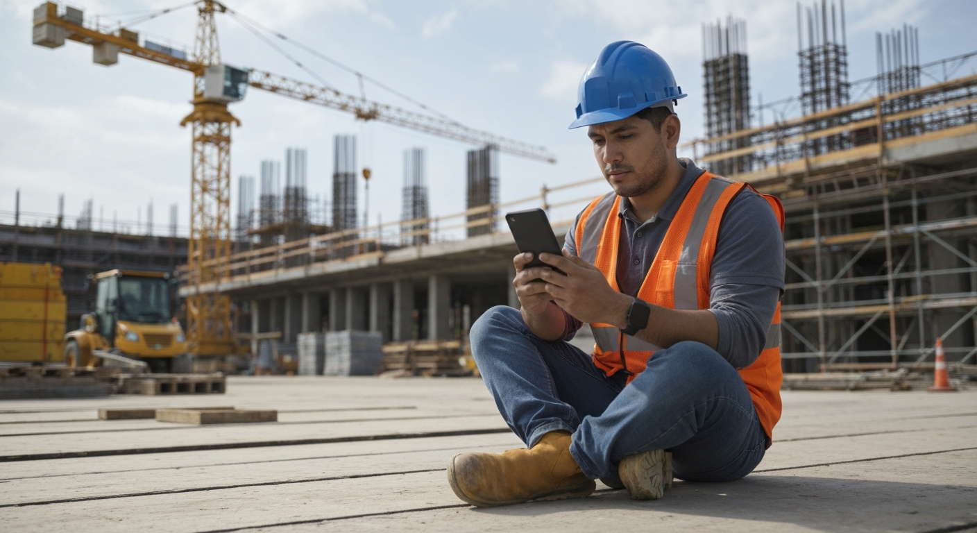 Construction worker watching safety training on a mobile device at a jobsite