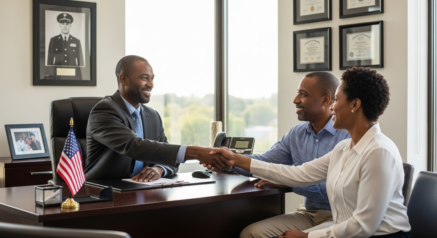 S. Alex Watts — distinguished African American financial leader shaking hands with a transitioning veteran couple in a modern sunlit office