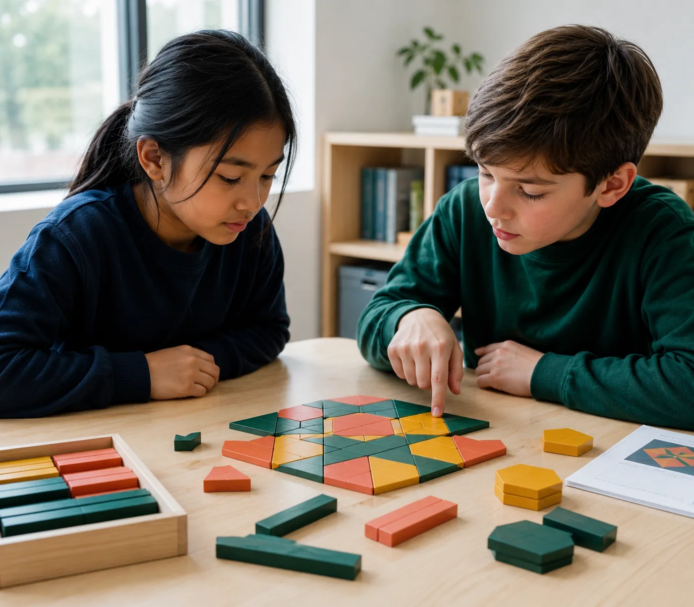 Two students working together with shape blocks