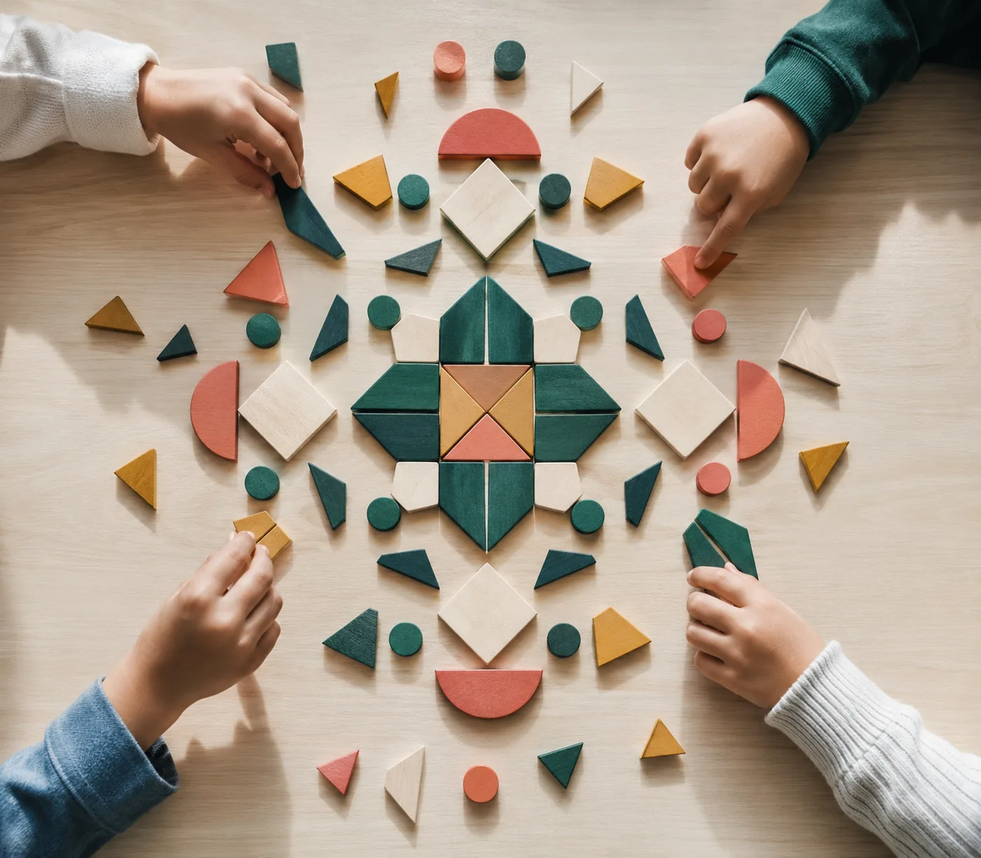Students building a pattern with wooden shape blocks.