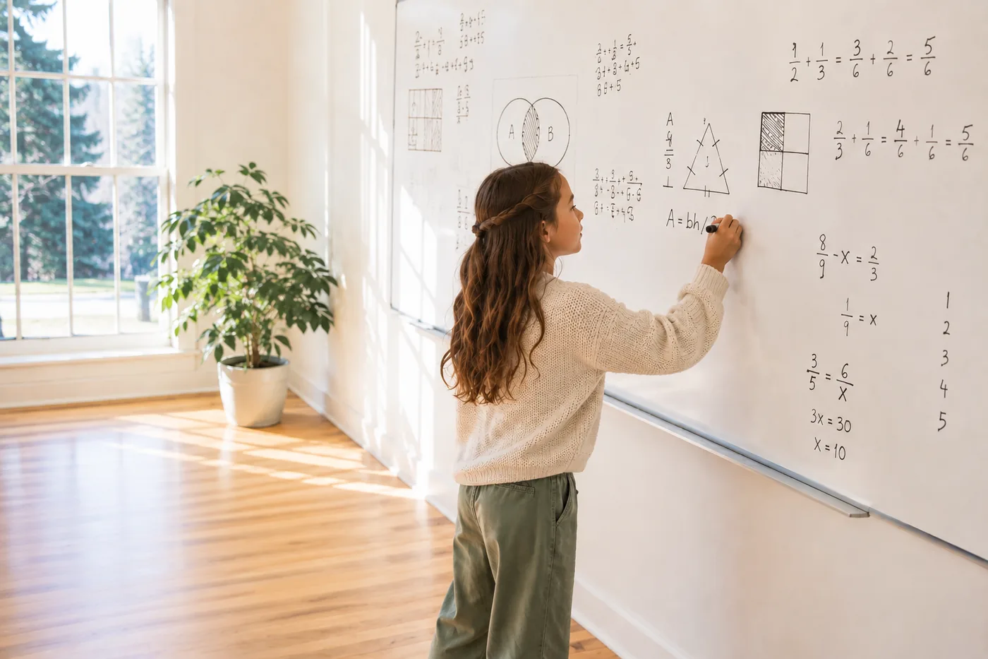 Student writing on a whiteboard with math equations