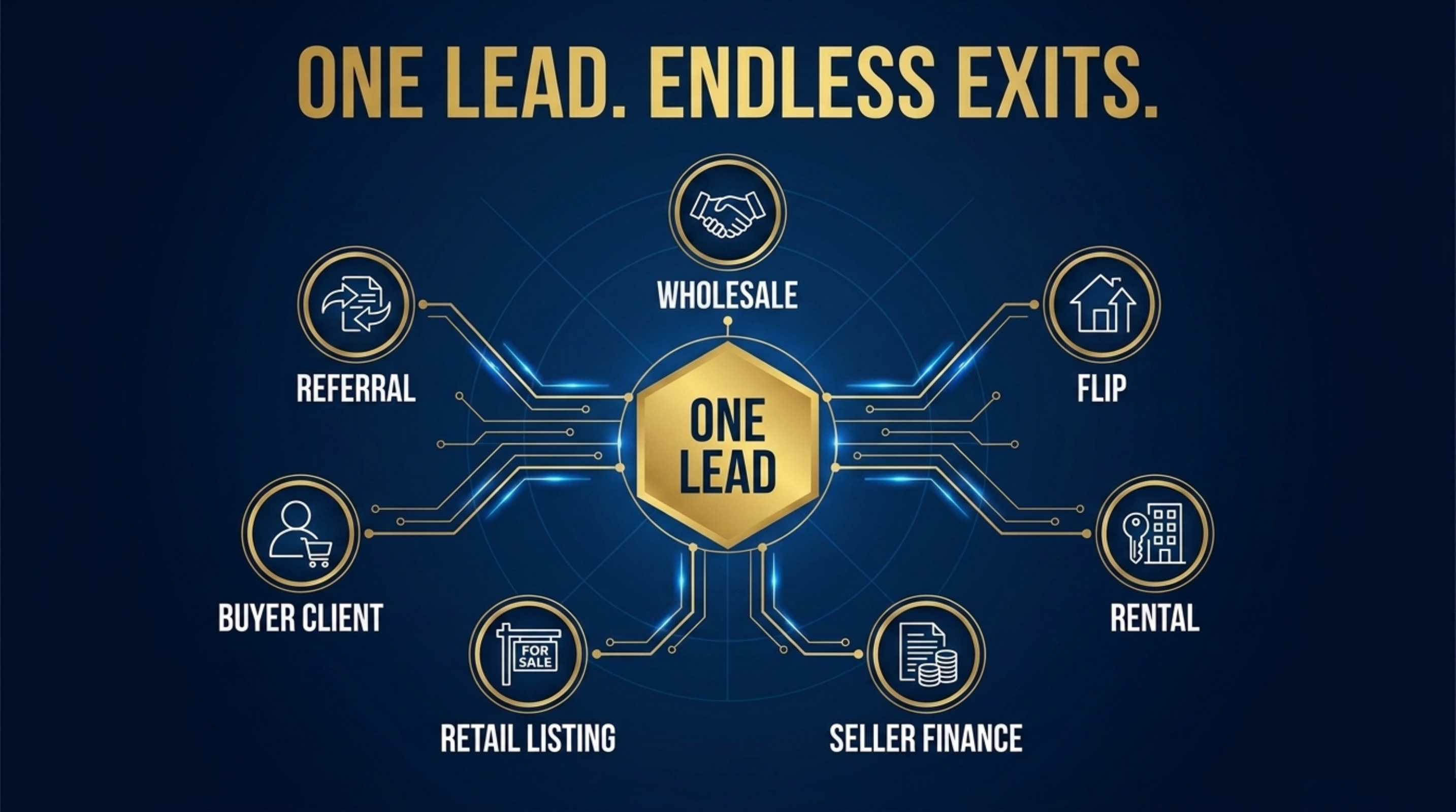 One Lead. Endless Exits. hub and spoke diagram. One lead can become a referral, a wholesale, a flip, a listing, a rental, a seller finance deal, or a buyer client.
