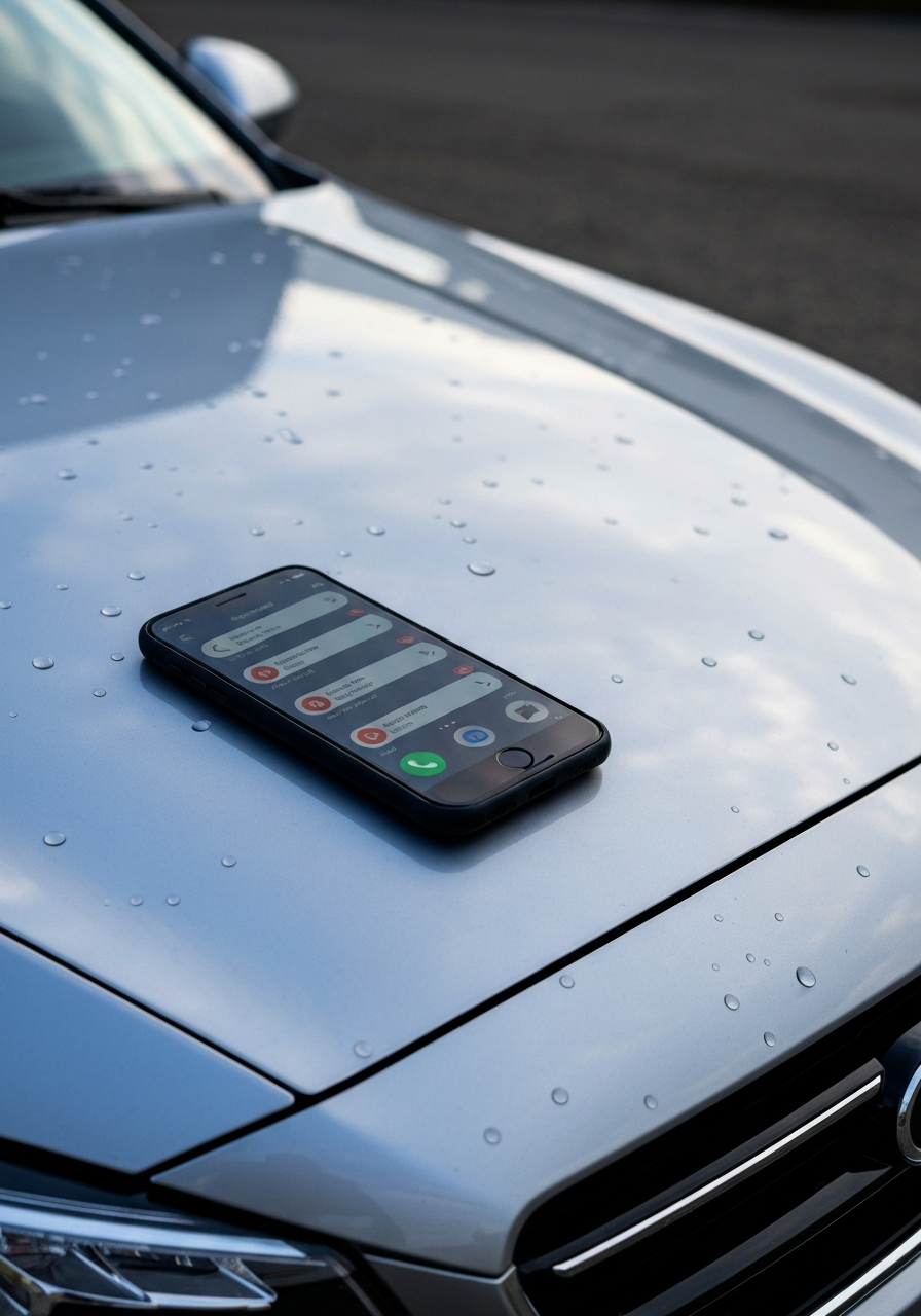 Smartphone showing missed calls on detailed car