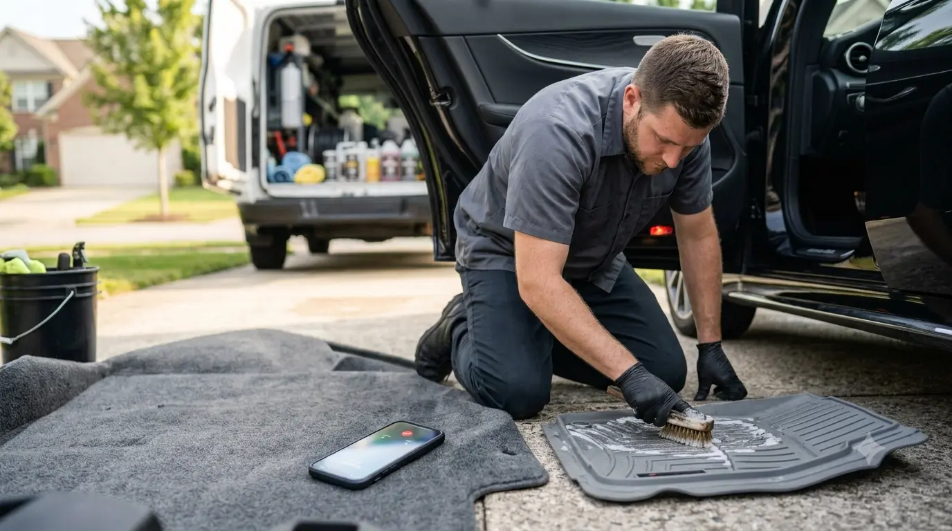 Mobile detailer scrubbing a floor mat while phone rings on the ground