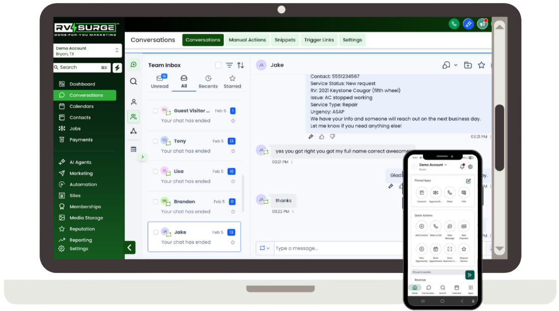 RV Surge business dashboard and customer lead tools