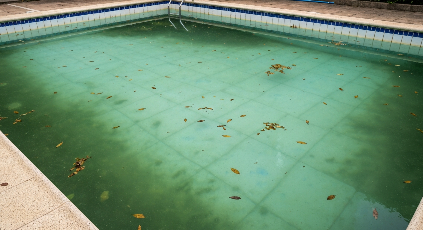 Dirty green residential pool before professional cleaning services in Torrance, CA
