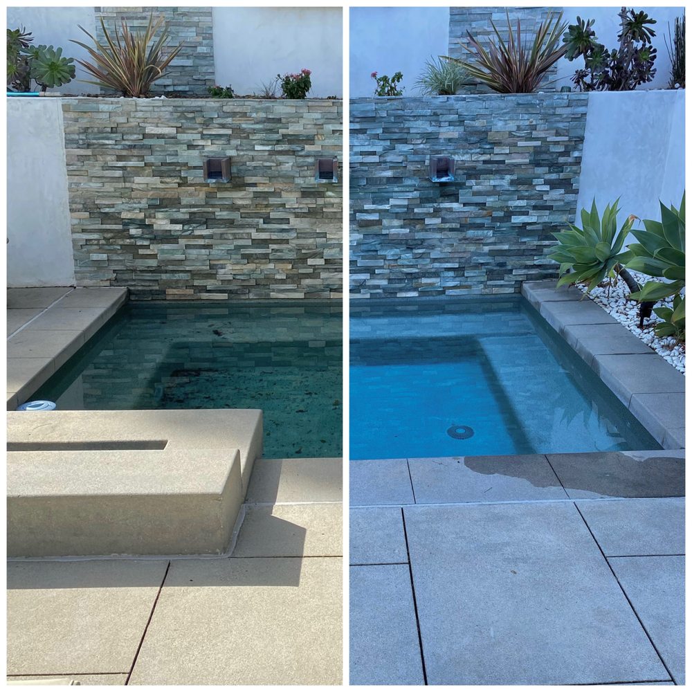 Cloudy spa water restored to clear blue before and after a deep cleaning