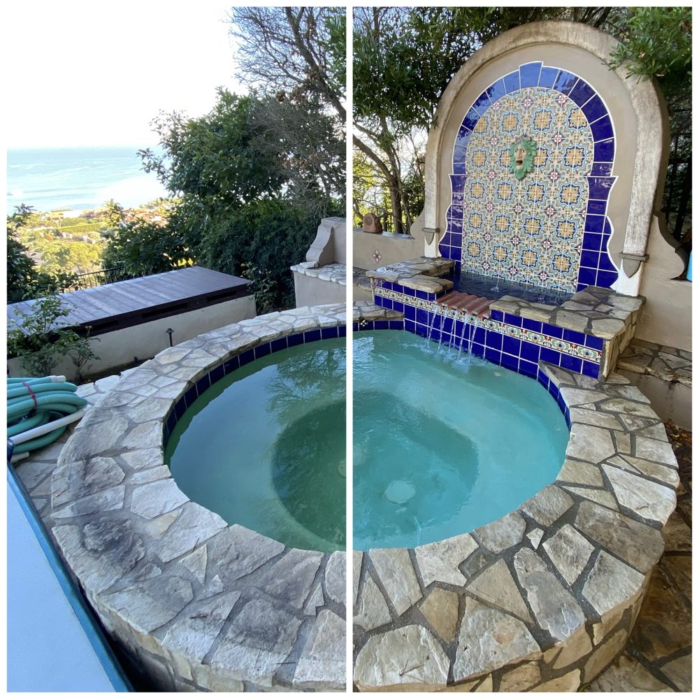 Spa tile line scrubbed free of buildup before and after a tile cleaning