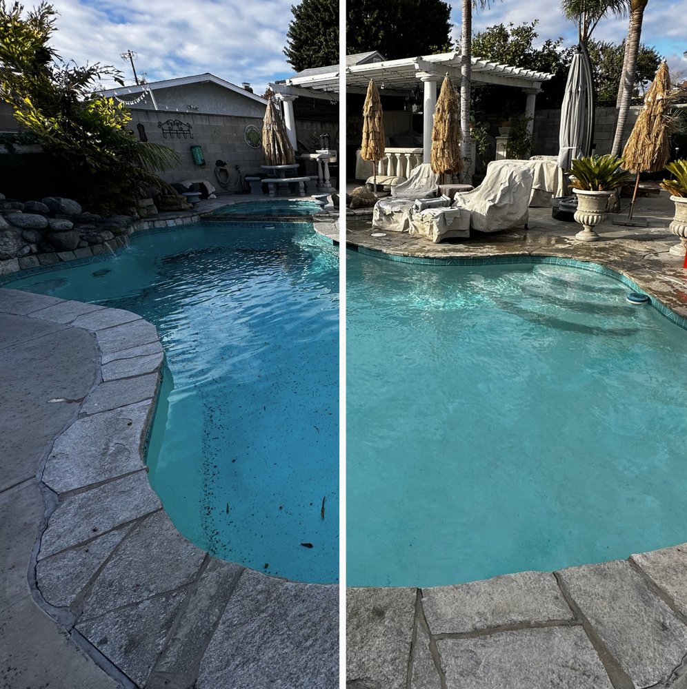 Side-by-side transformation of a cloudy pool turned crystal clear after a full service