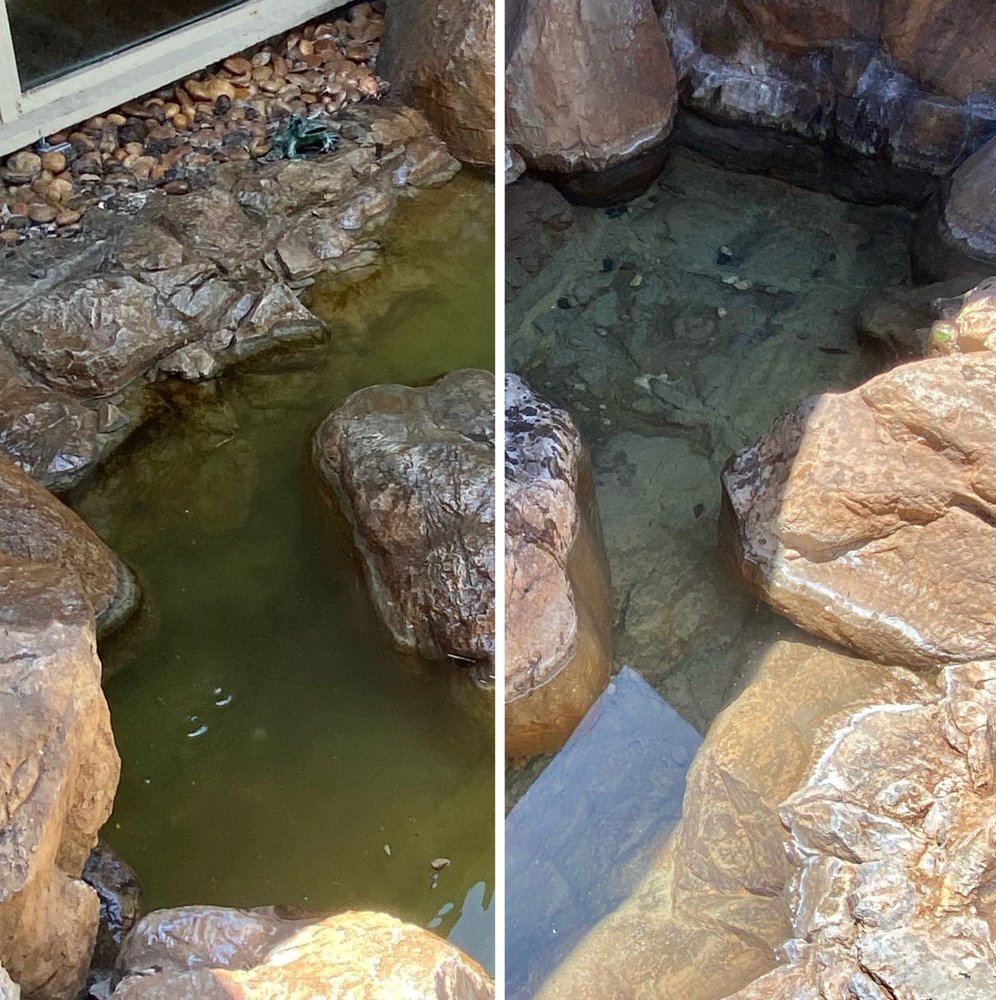 Rock-lined spa cleaned and restored, shown before and after service