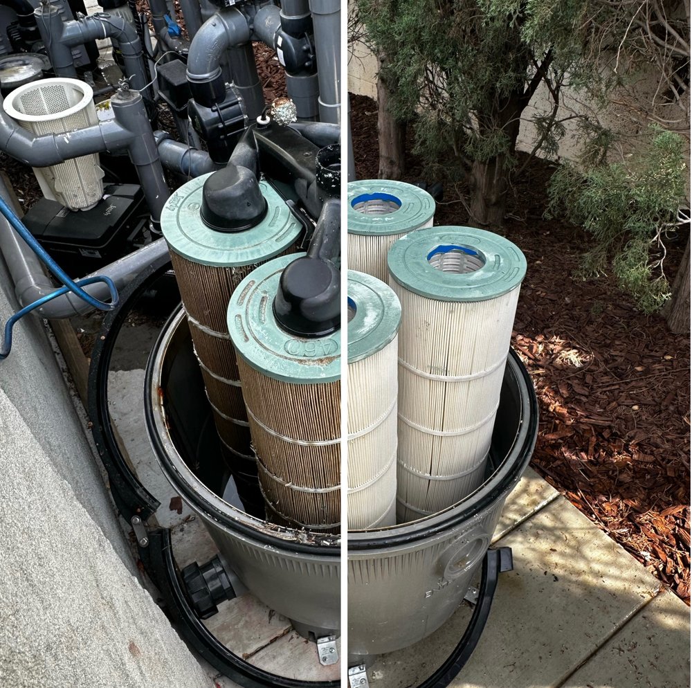 Pool filter cartridge shown dirty, then pressure-washed clean during a filter cleaning service
