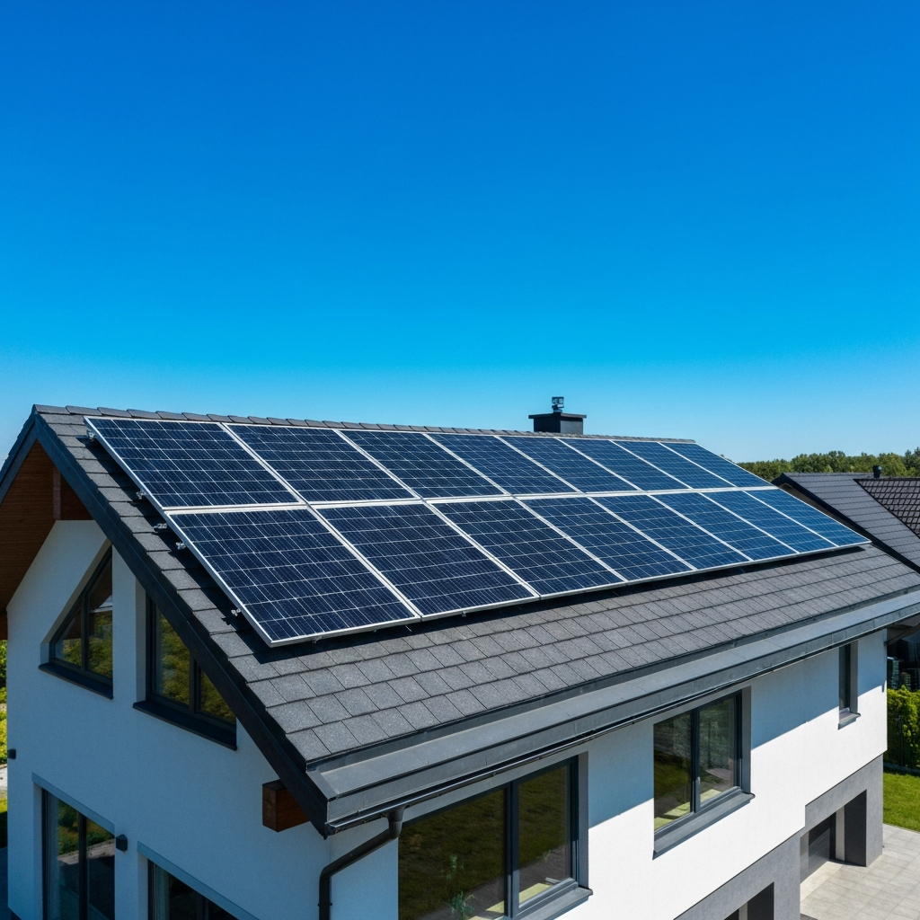 Solaranlage auf dem Dach eines Einfamilienhauses