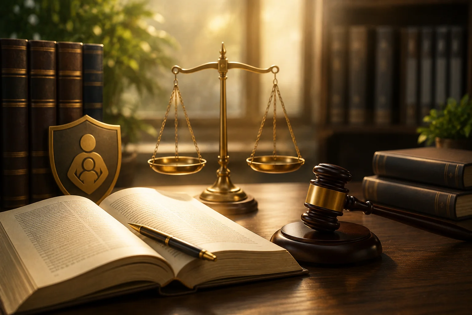 Scales of justice, legal gavel, and a child protection shield resting on open law books