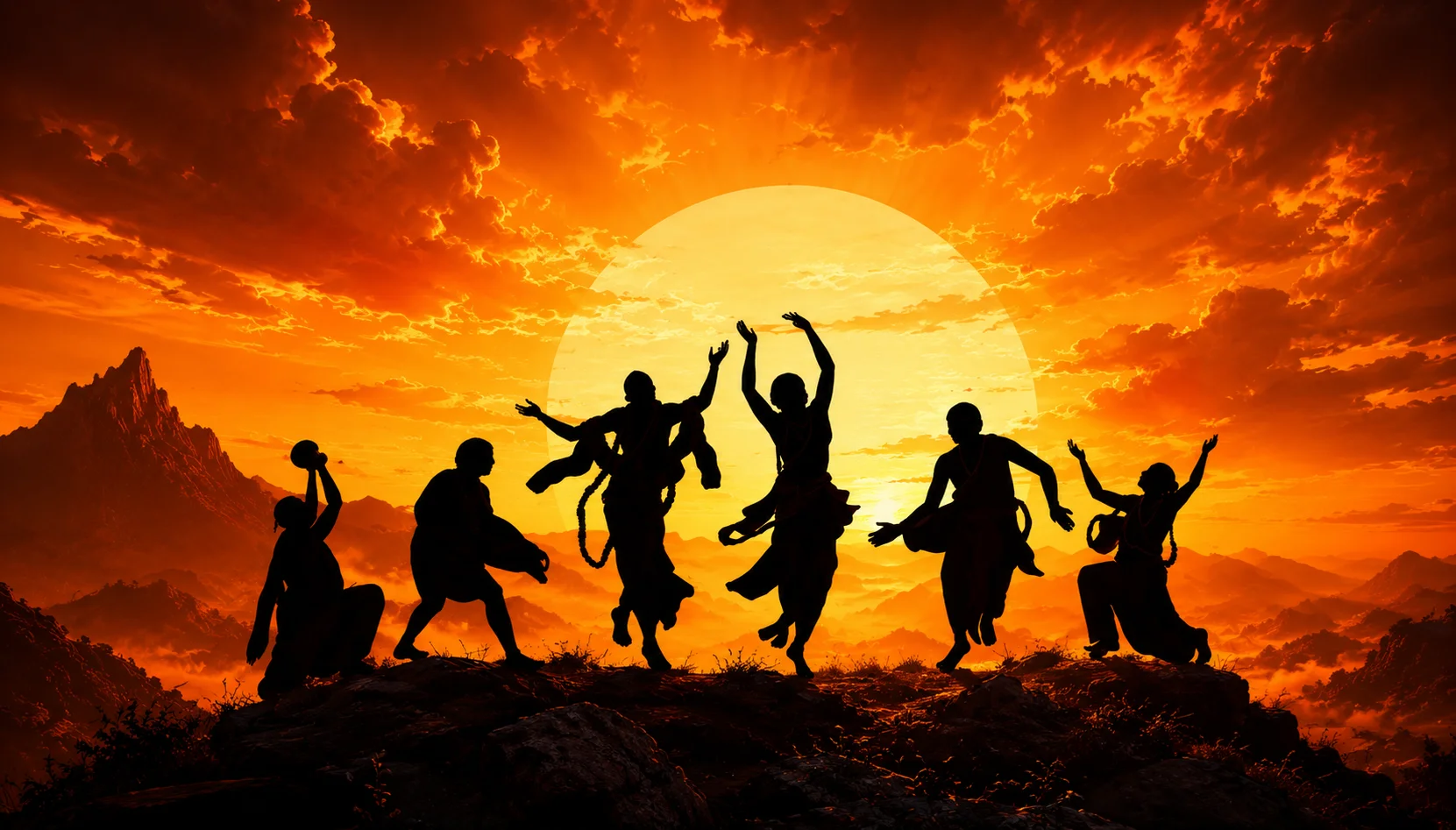 Silhouettes of devotees dancing in kirtan at sunset