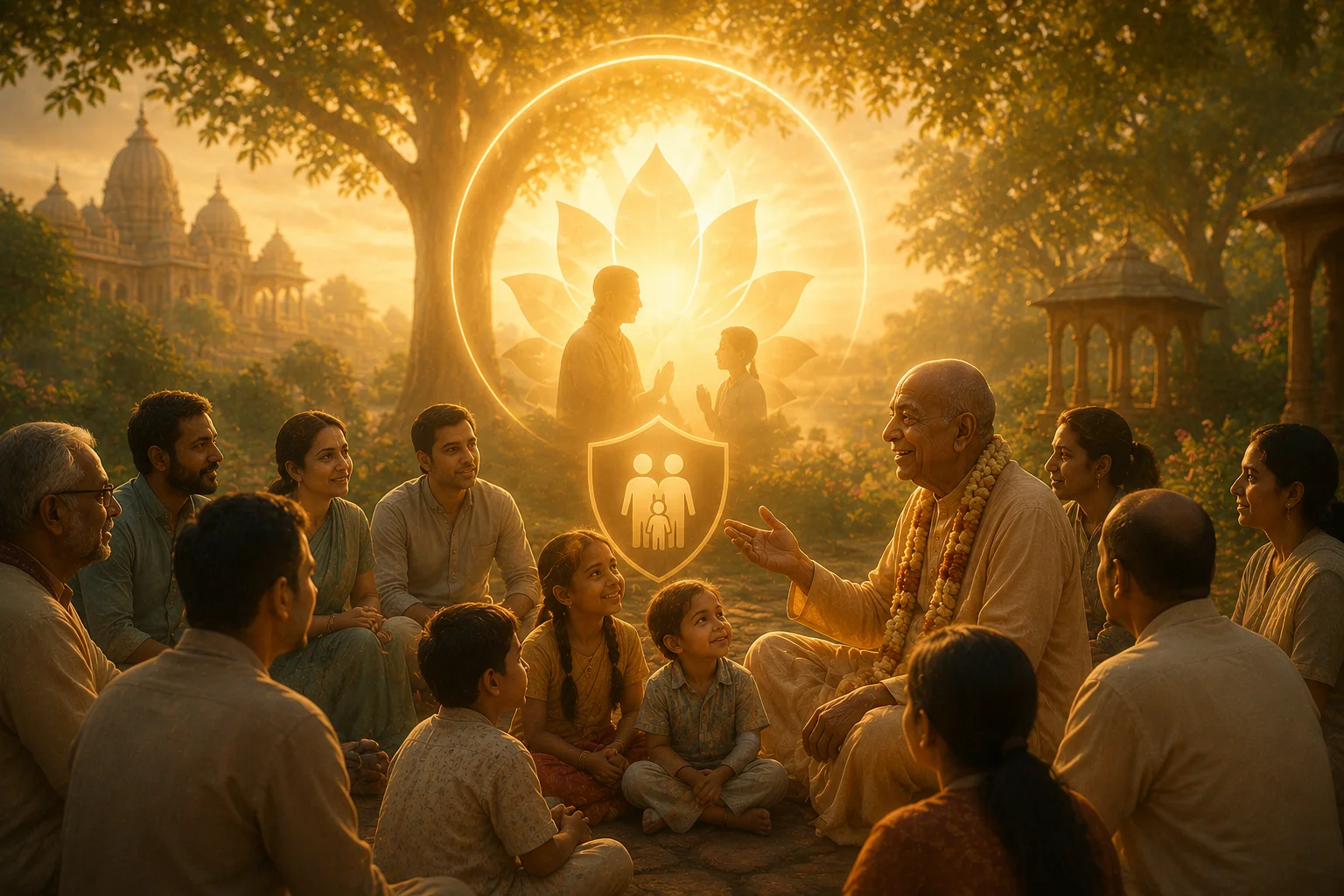 Srila Prabhupada sitting with families and children under a glowing lotus and protection shield symbol