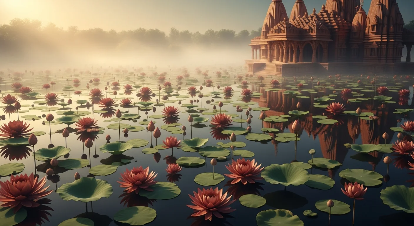 Temple in a lotus pond at sunrise