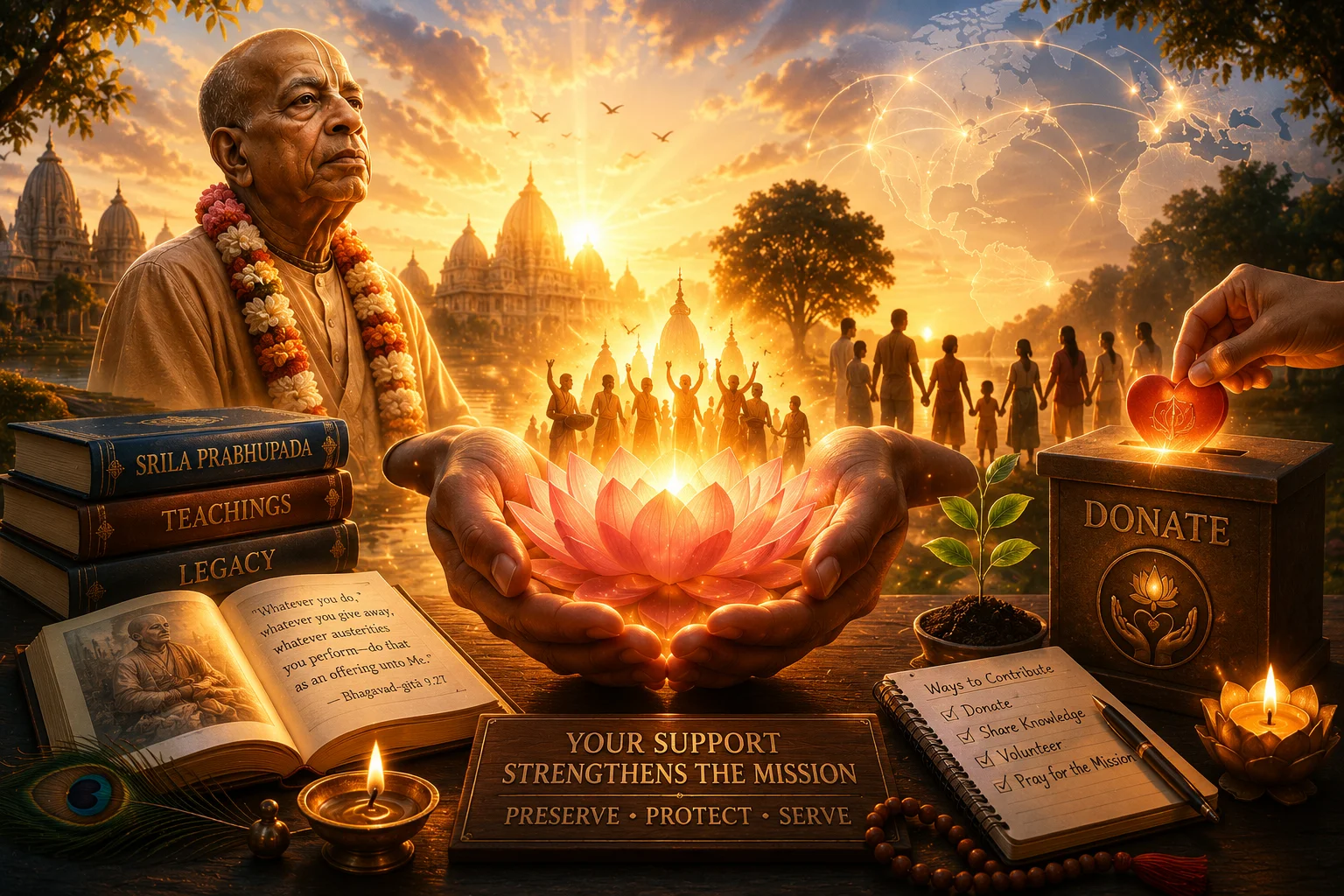 Srila Prabhupada with a glowing lotus flower and a donation box representing support for the mission