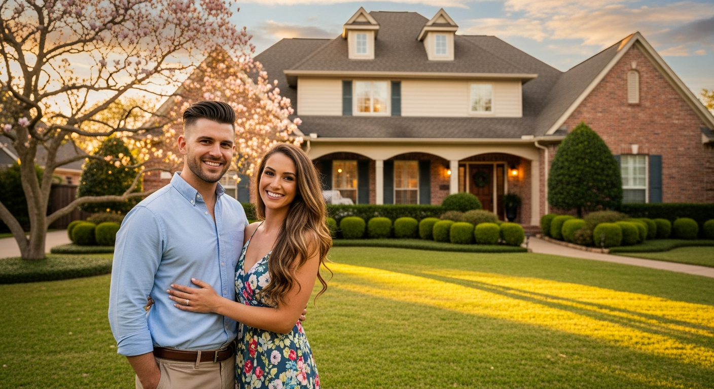Happy couple in front of their new Houston home