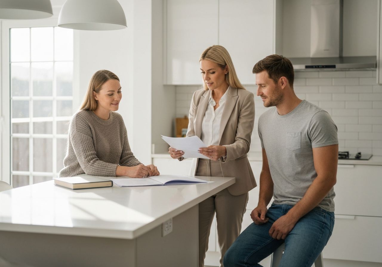 Realtor reviewing home value documents with homeowners