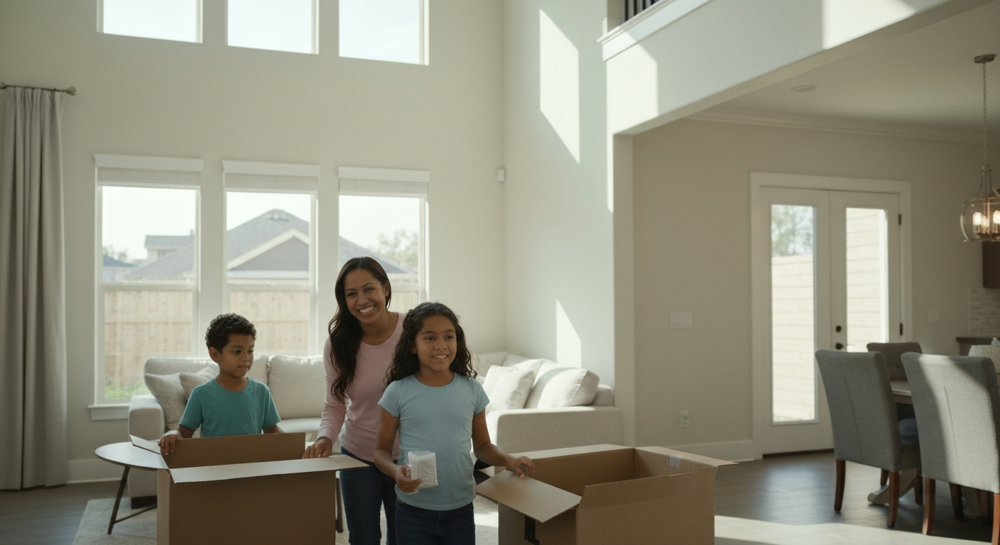 Happy family moving into a new modern home in Houston