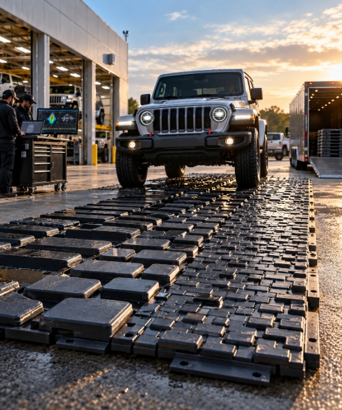 Jeep driving over Motile Modular Terrain Surface test track