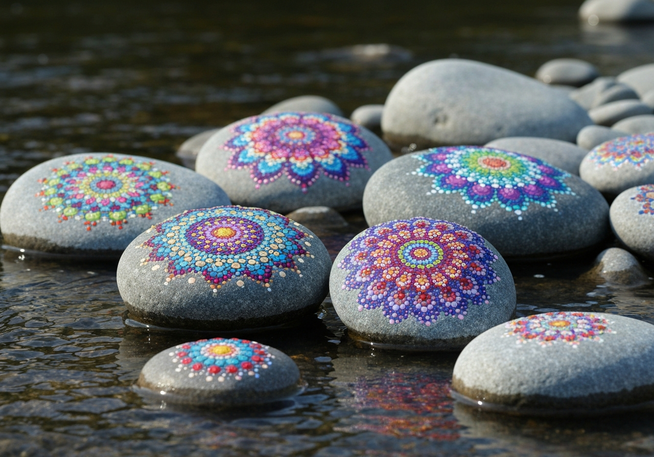 Mandala Dot Art on River Rocks