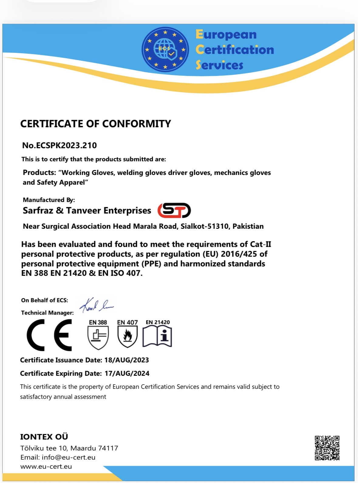 CE — EN 388 / EN 407 / EN 21420 certificate — ST Enterprises
