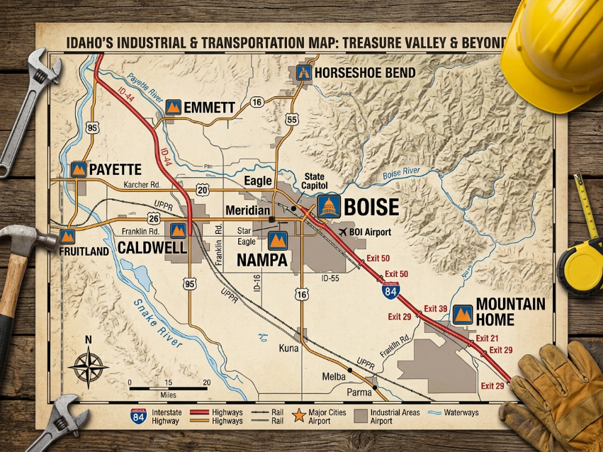 Map of Treasure Valley service areas including Meridian, Nampa, and Caldwell